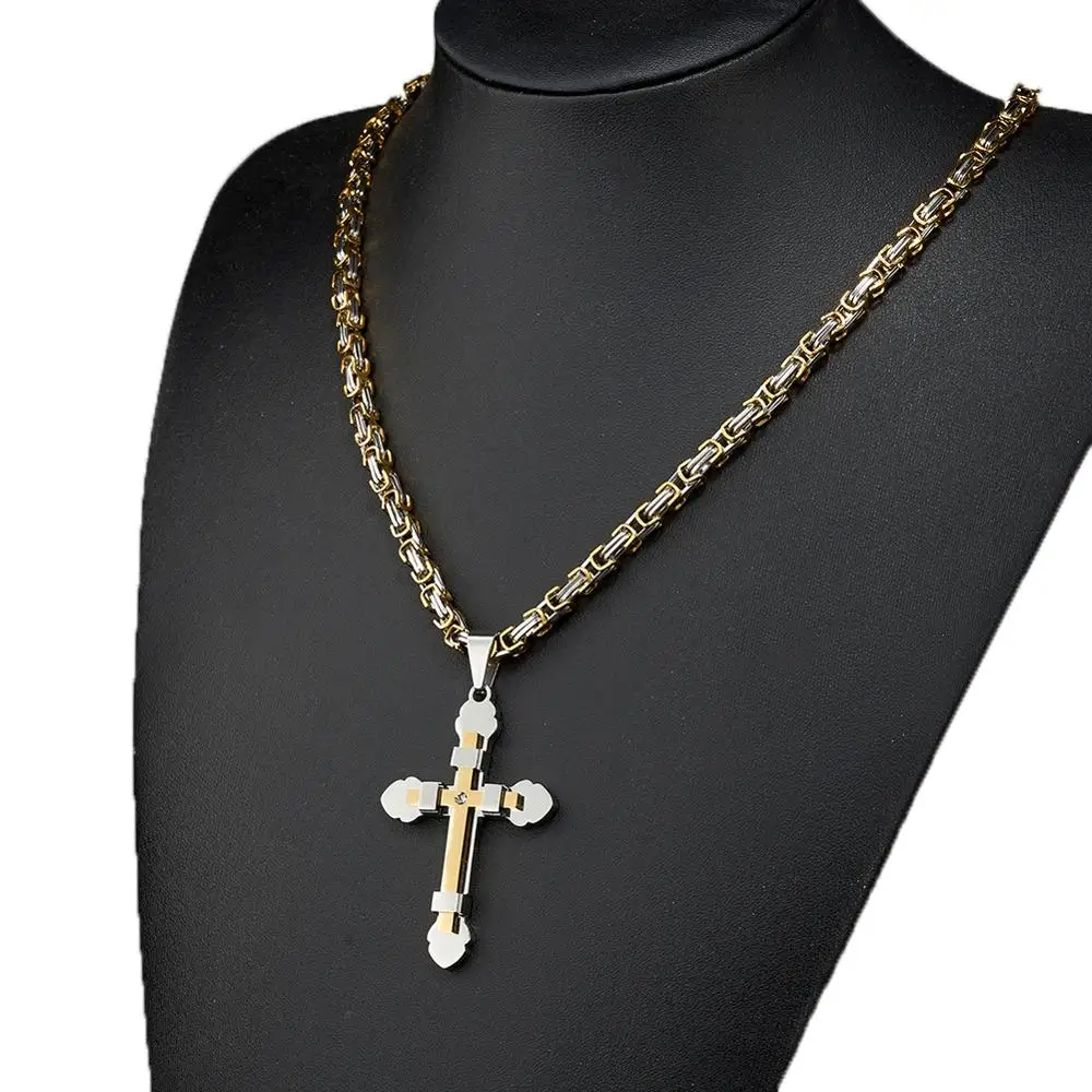 High Quality Men's Jewelry Byzantine Stainless Steel Silver Color&ampGold Chain Catholic Crucifix Pendant Male Punk Rock Ornaments |
