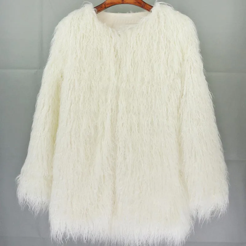 white faux fur coat Шикарное розовое пальто из искусственного меха женские куртки из искусственного меха монгольской Овцы Повседневная модная Женская осенне-зимняя мохнатая теплая верхняя одежда пальто - Цвет: white faux fur coat