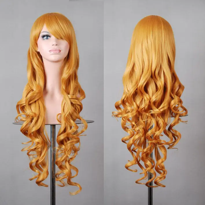 Wholesale& heat resistant LY free shipping>>Fashion Golden yellow Long Curly Anime party Cosplay Wig Full |