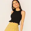 SHEIN ребристый вязаный короткий топ с баской, женская одежда, облегающий эластичный Топ с круглым вырезом, элегантный однотонный летний женский топ без рукавов