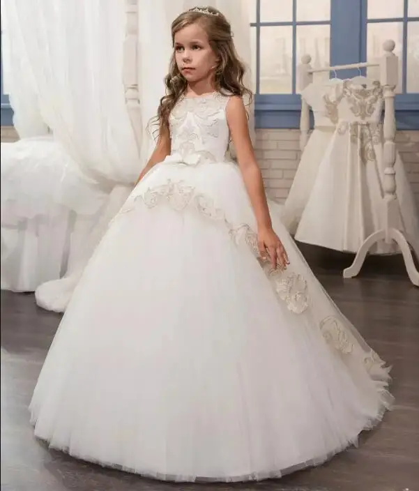 

New Flower Girl Dresses Beaded Lace First Communion Dress for Girls Ball Gown Princess Gowns