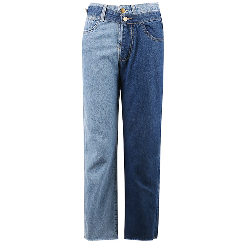 [EAM] New Spring Fashion High Waist Patchwork Hit Color Detachable Blue Jeans Straight Denim Pants Women SC08 - Цвет: blue
