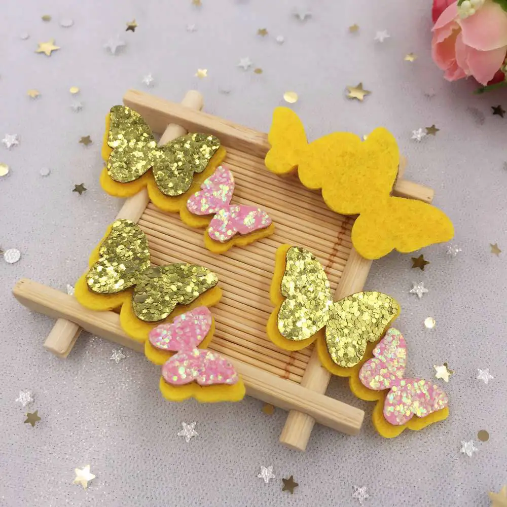 Yellow Новинка, 10 шт., фетровая ткань, блестки, двухслойные, Блестящая бабочка, Аппликации, свадебные, сделай сам, для шитья, лоскуты, ремесло, бант для волос, аксессуары A23 - Цвет: Yellow