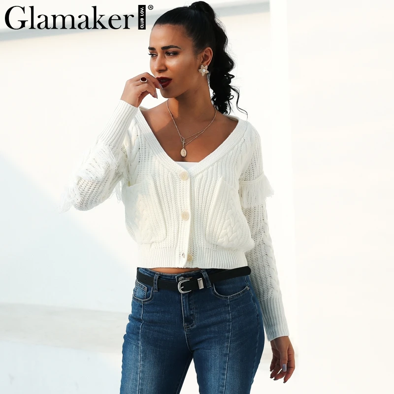 Женский белый свитер Glamaker вязаный с кисточками и треугольным вырезом длинным