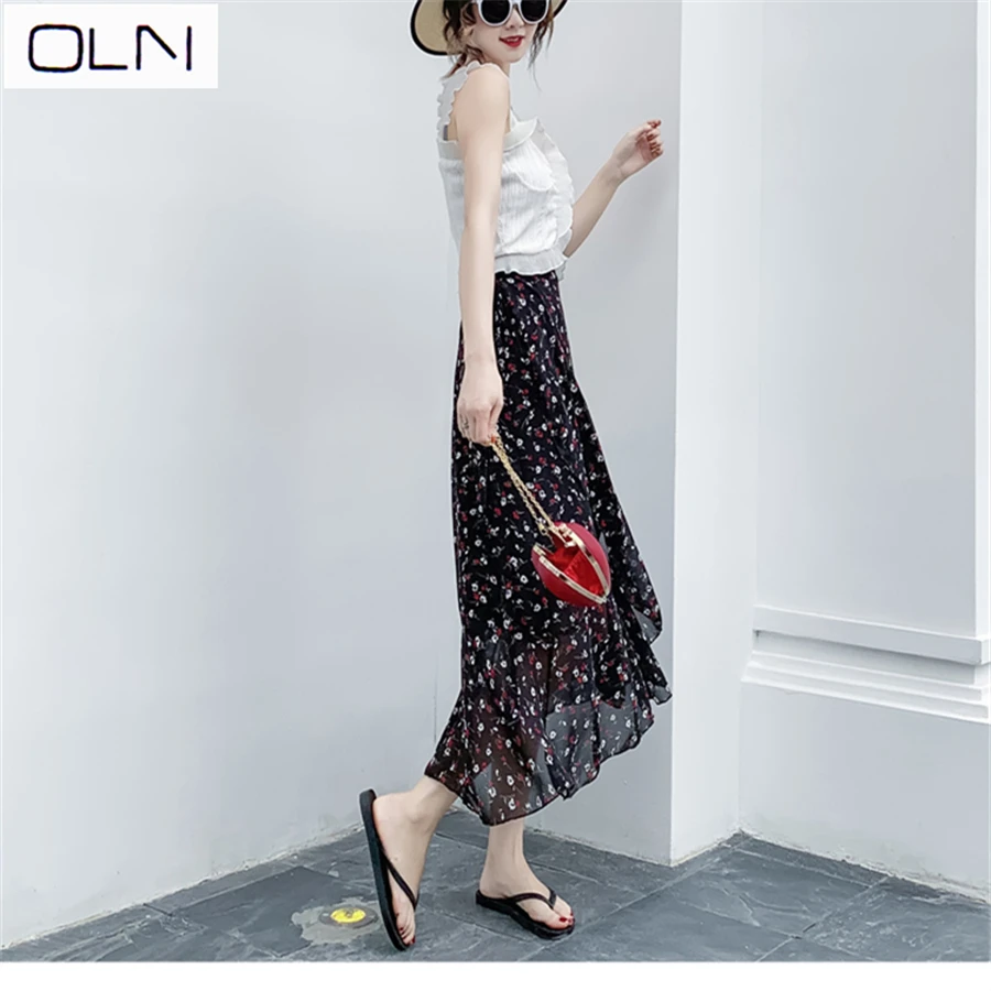 Юбка шифоновая Vestidos OLN Женская цельная кружевная Асимметричная Цветочная юбка