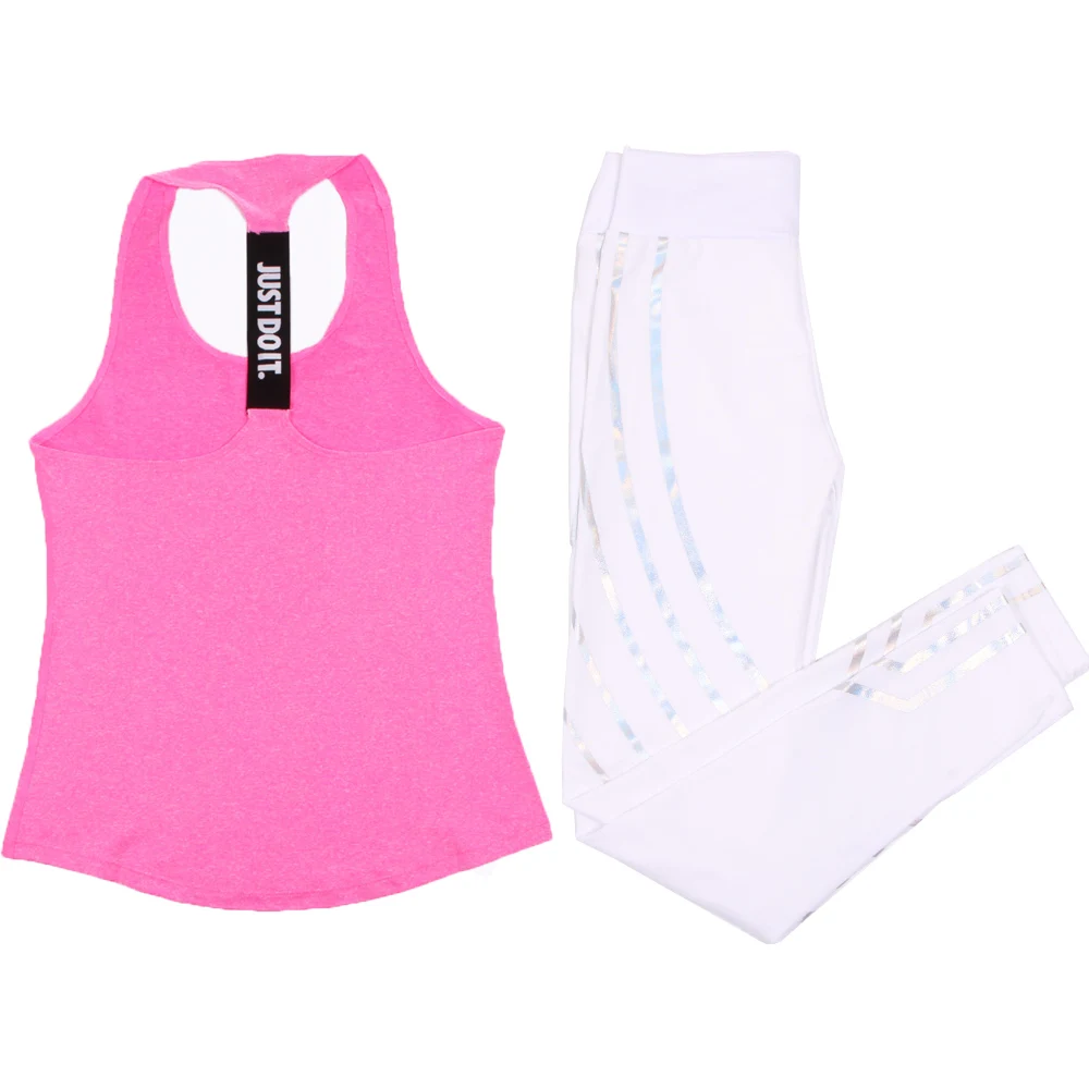 white and pink Спортивный комплект для женщин, комплект для йоги, спортивный топ, жилет, светоотражающие леггинсы, одежда для фитнеса, трико для бега, тренировки, спортзала, Леггинсы для йоги - Цвет: white and pink