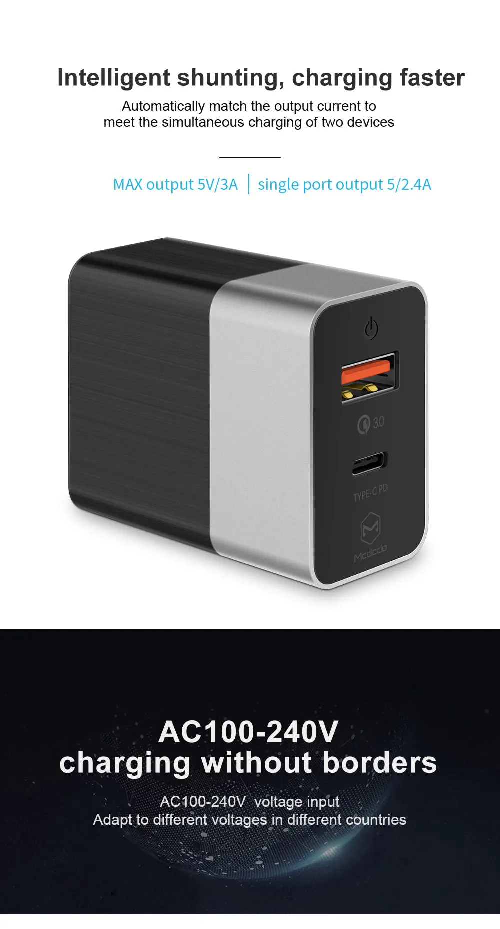 Mcdodo 18 Вт USB C PD зарядное устройство EU/US/UK штекер 3 в 1 тройное Универсальное зарядное устройство для мобильного телефона QC 3,0 адаптер для iPhone samsung