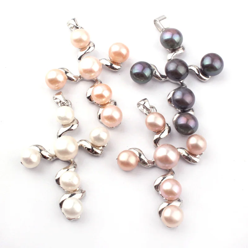 

6mm-8mm Natural Round Freshwater Pearl Stone Beads,Cross White Tibetan Silver For Women Christmas Gift Pendant 1Pcs 30x40mm