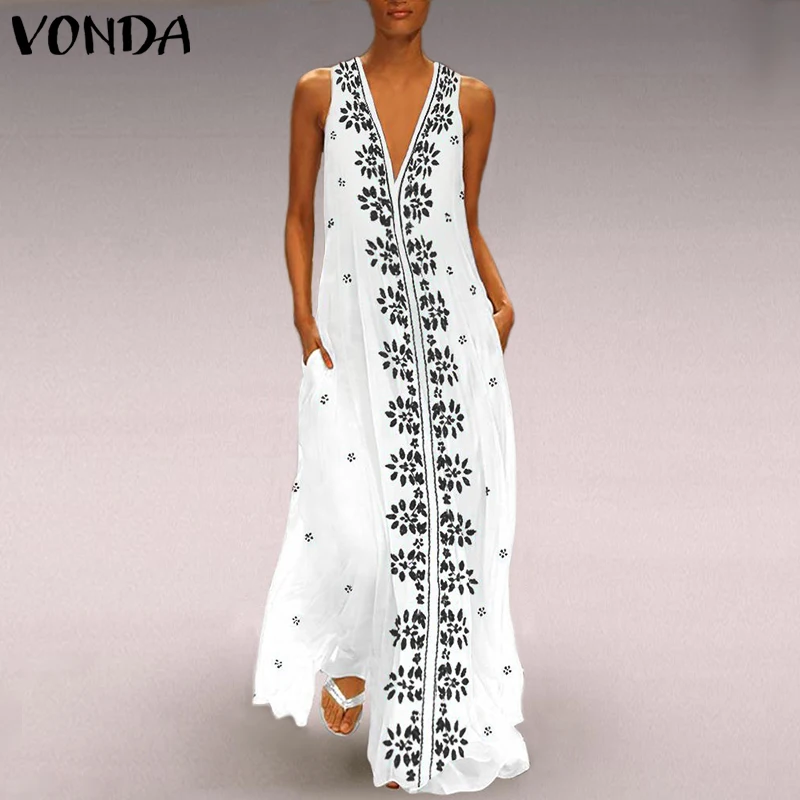 VONDA, женское платье с цветочным принтом,, винтажное, сексуальное, v-образный вырез, без рукавов, макси, длинное, вечерние, Vestido, повседневное, летнее, Пляжное, белое, 5XL