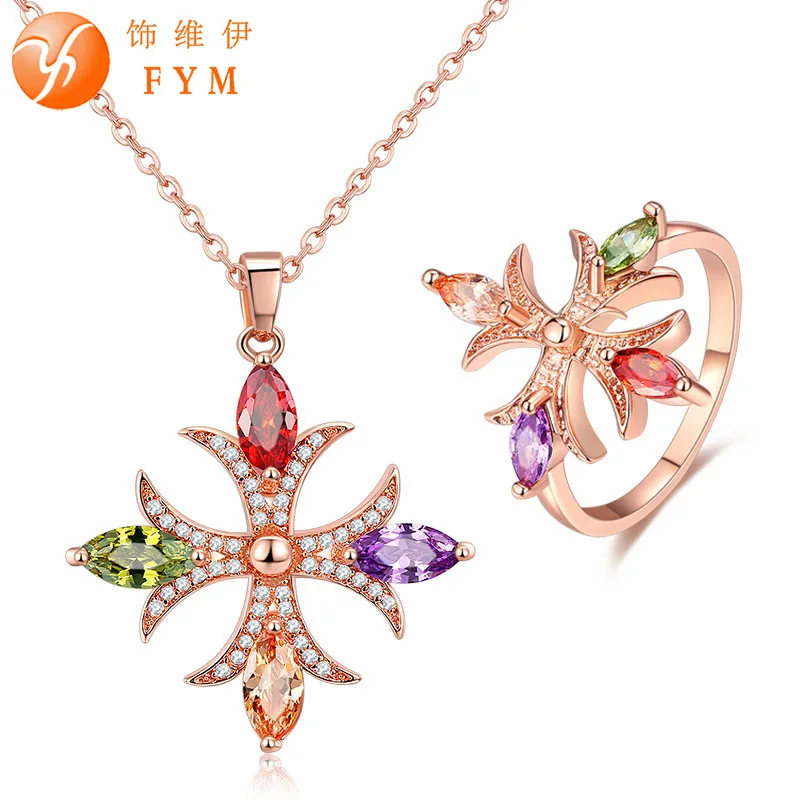 

FYM Fashion Rose Gold Color Wedding Jewelry Sets Necklace + Ring Women Multicolor Cubic Zircon Necklace Ring Set For Party