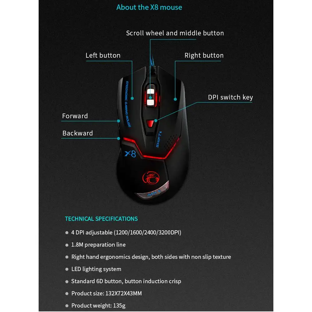 IMice USB игровая Мышь геймер проводные наушники с кабель задней подсветки провод RGB