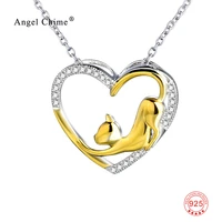 cute gold cat love heart patterned 925 sterling silver crystal statement necklaces collier for women girls birthday gift