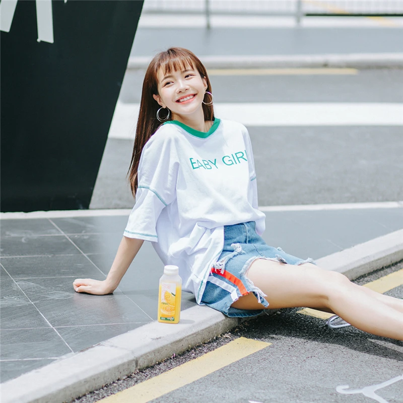 Женская футболка Kawaii Студенческая Ulzzang повседневная свободная с буквенным