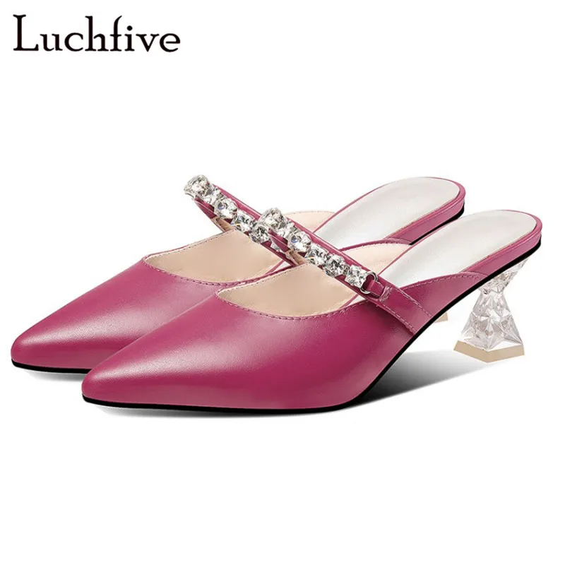 Прозрачные стеклянные каблуки ремни с кристаллами женские тапочки Классические