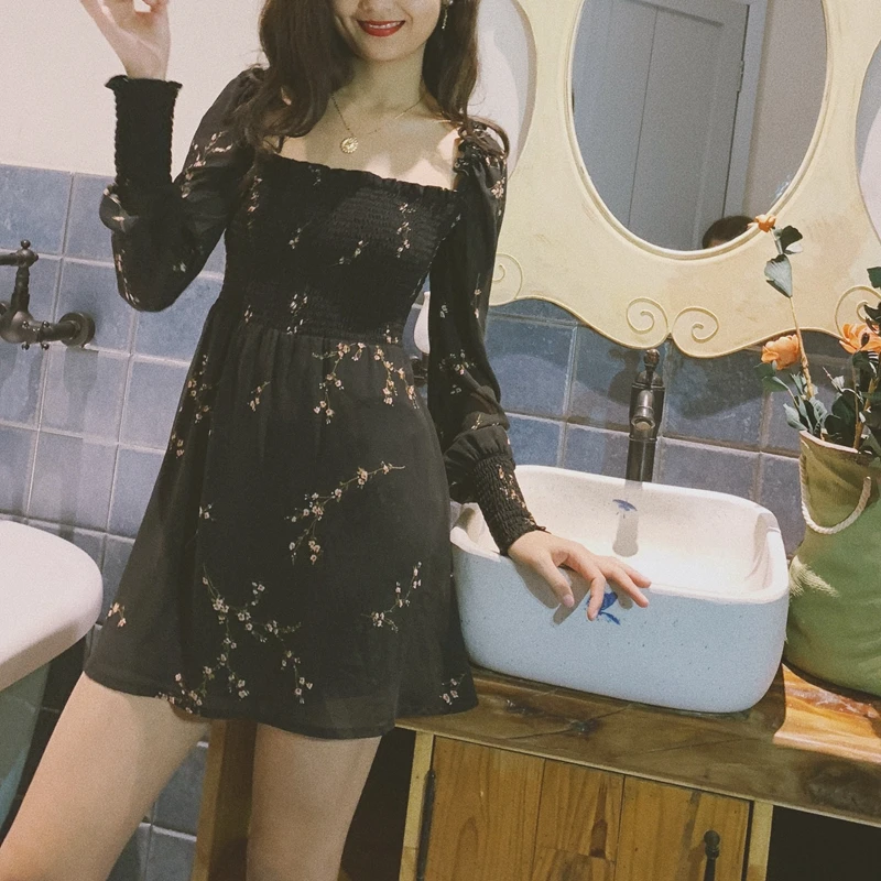 Летнее богемное винтажное женское платье с вырезом лодочкой kawaii boho flroal пляжное шифоновое платье с длинным рукавом повседневное корейское платье