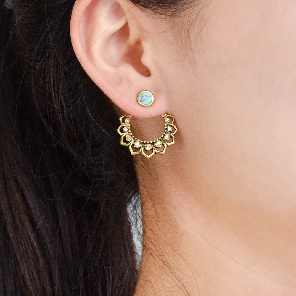 FANHUA Ethnic Boho Earrings Ear Jacket Antique Gold Color with Rhinestone and Blue Stone Flower Stud For Women | Украшения и