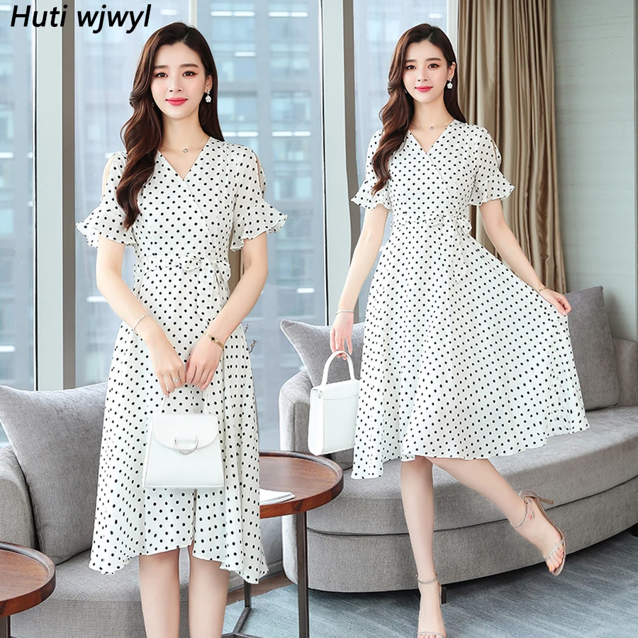 Женское шифоновое платье миди в белый горошек однотонное пляжное большого