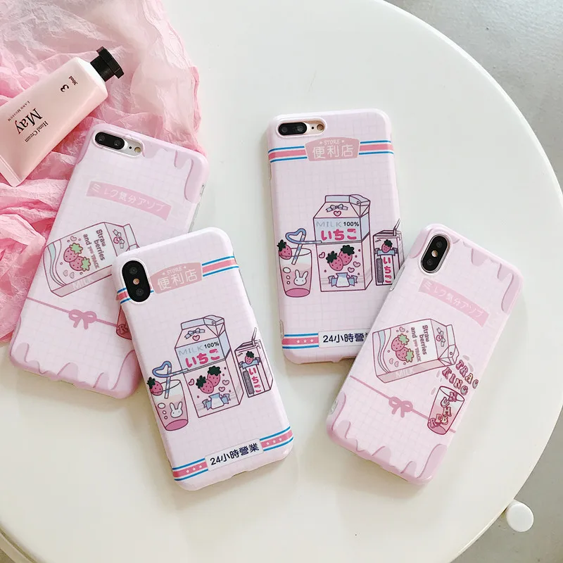 Kawaii Japanese Strawberry Milk Phone Case For iPhone 7 Puls 6 6S X Cases TPU Silicone Soft Back Cover Coque Funda Capa |