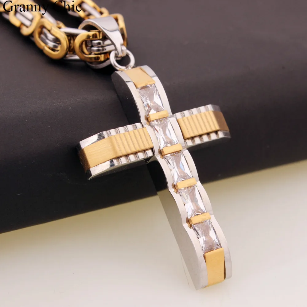 

Granny Chic New Hot Jewelry for Men Silver Gold Stainless Steel Rhinestone Cross Pendant with Byzantine Necklace