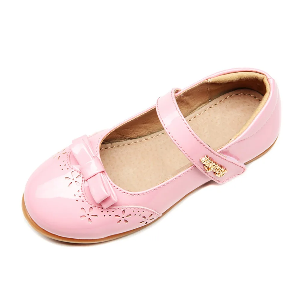 

Girls pink party wedding shoes princess shoes patent leather bow pierced carved children's shoes