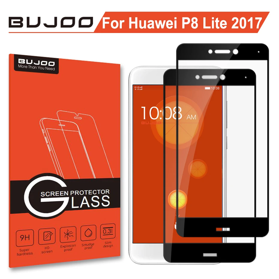 

2 Pack 100% Original BUJOO Anti Scratch 2.5D 0.3mm 9H Full Cover Screen Protector Tempered Glass For Huawei P8 Lite 2017 Film