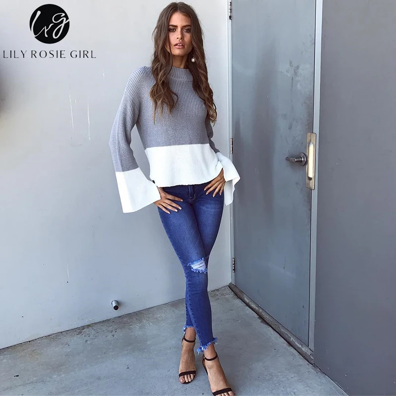 Lily Rosie Girl серая водолазка женский свитер Черные Лоскутные Свитера Пуловеры