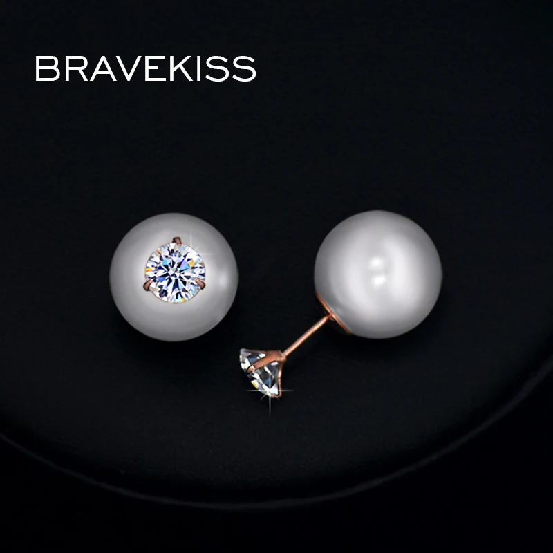 Серьги гвоздики с имитацией жемчуга и двумя кристаллами|Серьги-гвоздики| |