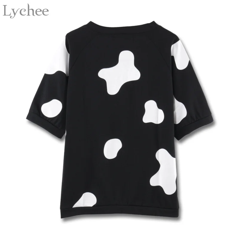 Lychee летняя женская футболка с принтом коровы черный белый цвет Kawaii Милая