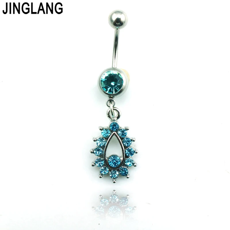 JINGLANG кольца для пупка 316L штанга нержавеющая сталь Dangle озеро голубые стразы Water Drop