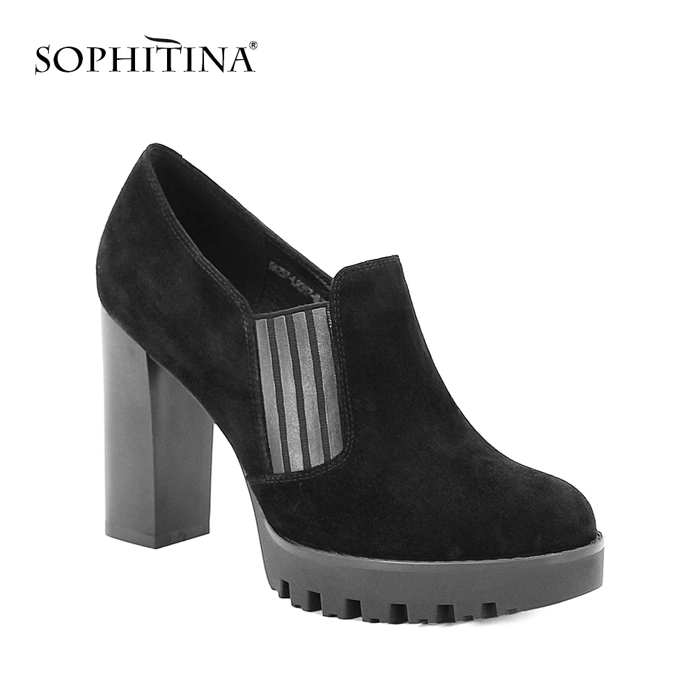 SOPHITINA/ г. ; Ботиночки женские с резинами на двух сторонах; Туфли для женщин из натуральной кожи;Туфли женские на высоком каблуке и толстой подошве; Модная женская обувь с круглым носком; Классика D50