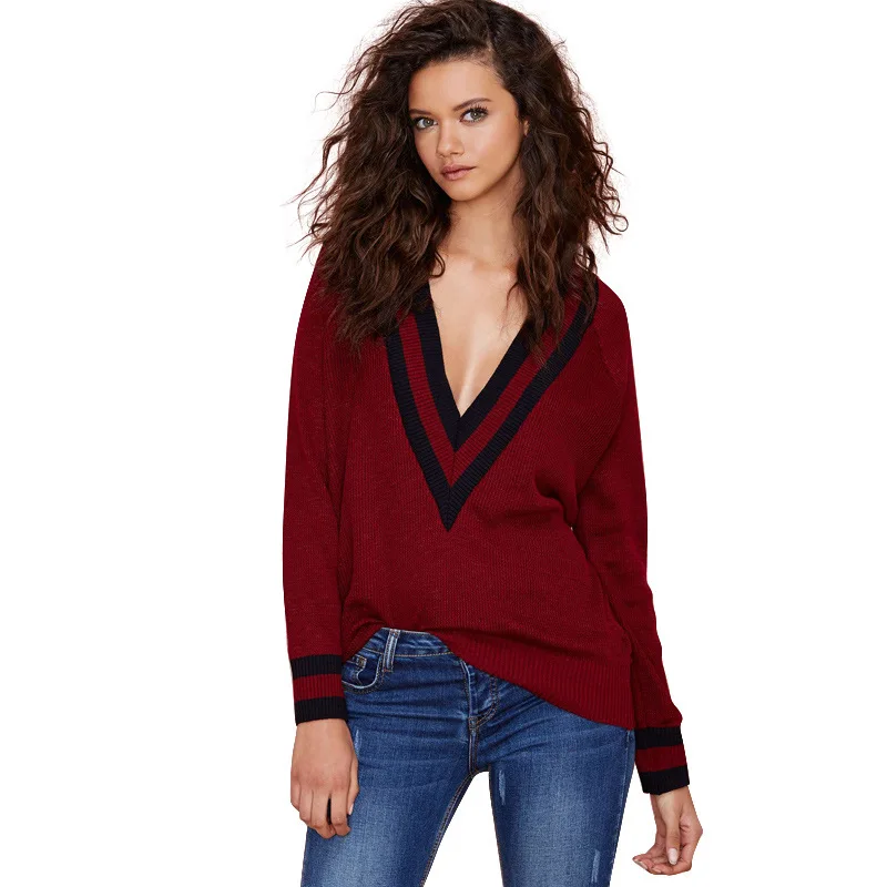 hot sale Women Slim Black Striped deep V neck wind navy white knitted sweater Jumper Pullover Knitwear blouses pull femme | Женская