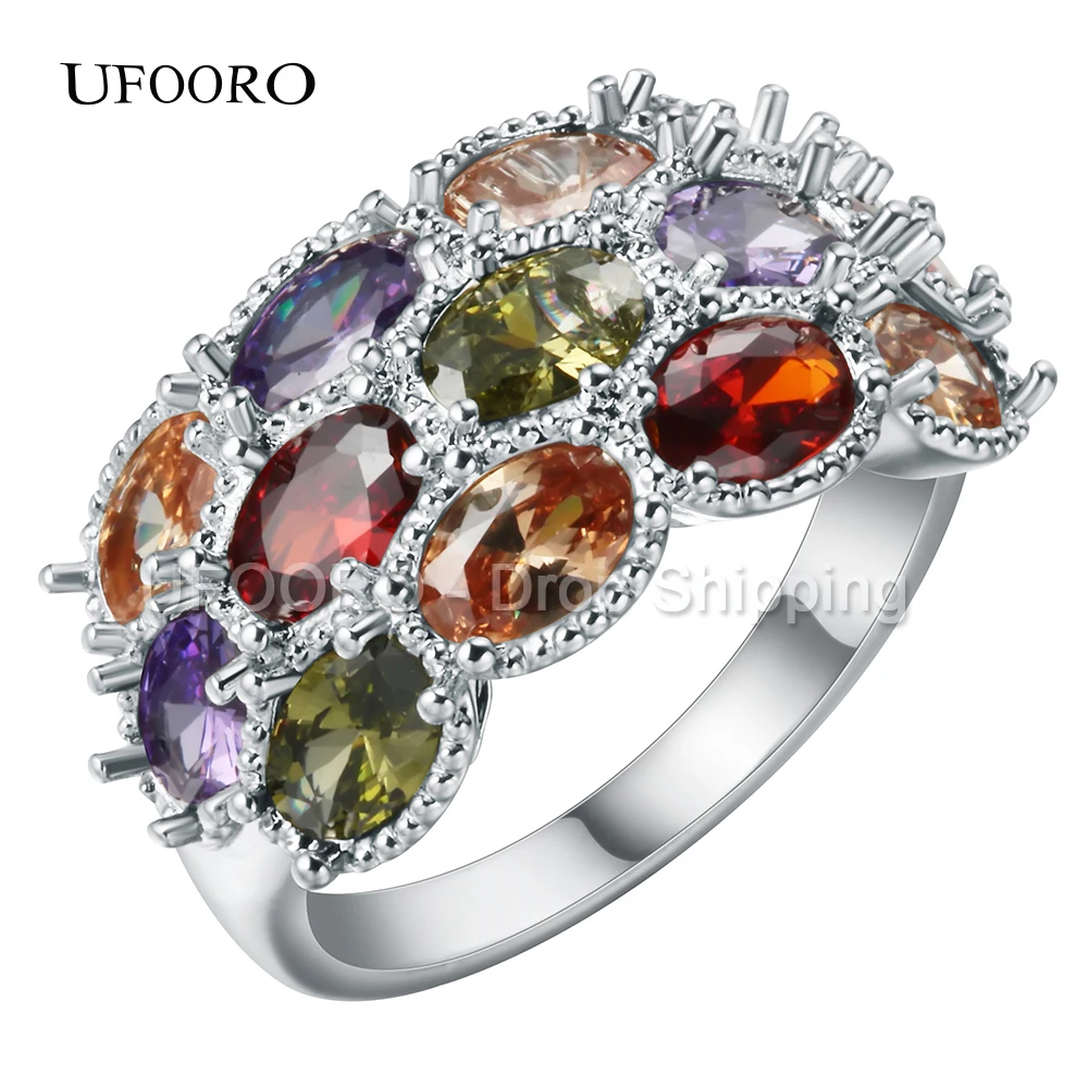 Женские обручальные кольца UFOORO rainbow роскошные посеребренные с цветным