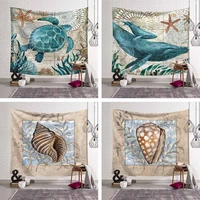 hd marine animal polyester tapestry vintage seahorse turtle octopus whale retro wall hanging decor sandy beach camping blanket