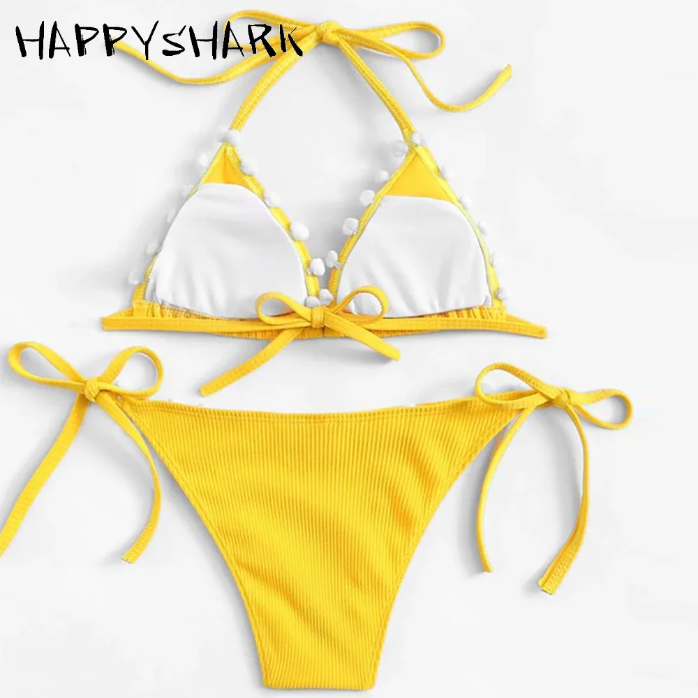 HAPPYSHARK сексуальное бикини с помпоном новинка 2019 желтый купальник Бразильский