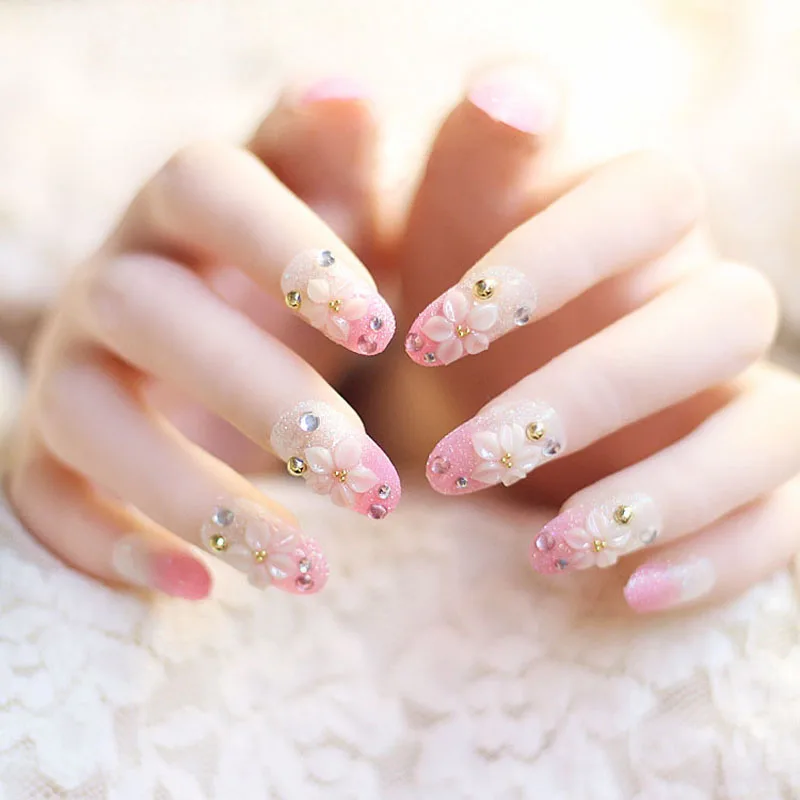 24 шт. накладные ногти с розовым цветком полное покрытие стразы|nail artificial|full cover nail