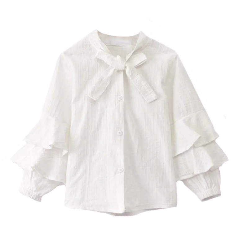 Белый Детская блузка; хлопковые Однотонные блузки для девочек; Новинка года; сезон осень; рубашки с длинными рукавами для девочек; милая детская одежда; 7bs018 - Цвет: Белый