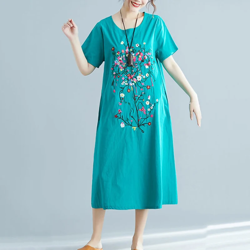 Длинное платье футболка женское Хлопковое с вышивкой Элегантное летнее