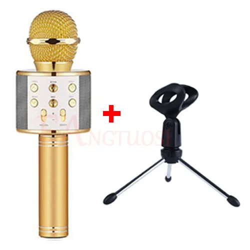 gold with tripod WS 858 беспроводной bluetooth микрофон профессиональный караоке динамик consender WS858 ручной микрофон Радио Студия Запись микрофон - Цвет: gold with tripod