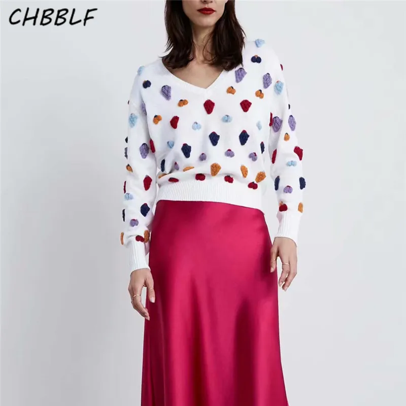 CHBBLF women V neck fruits embroidery sweaters long sleeve stretchy pullovers stylish female casual chic tops BGB8606 | Женская одежда