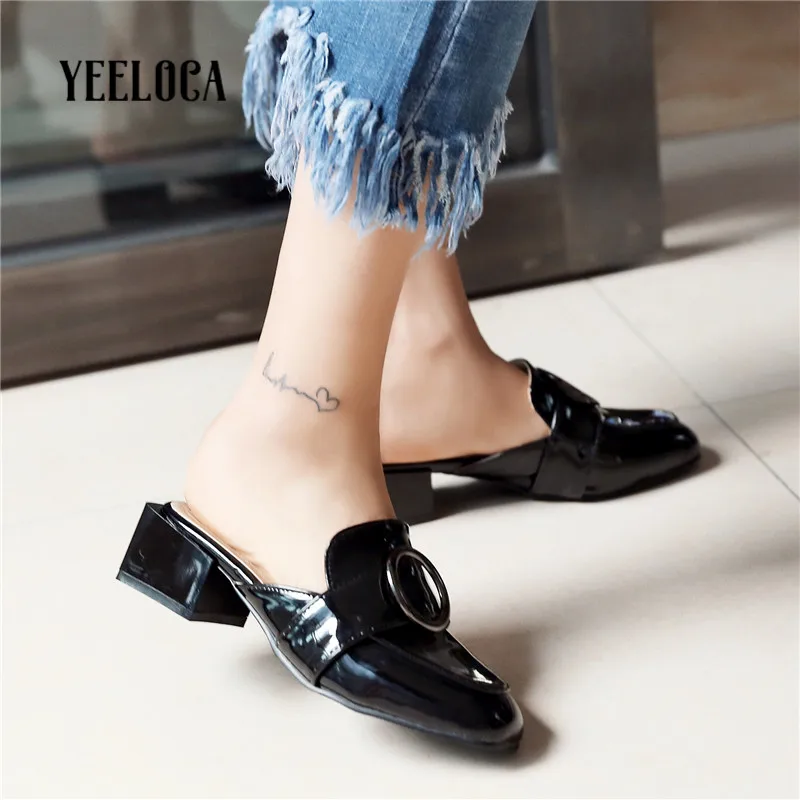 

YEELOCA 2019 summer women outside slippers pointed toe med high hoof heels patent leather metal decoration spring autumn shoes