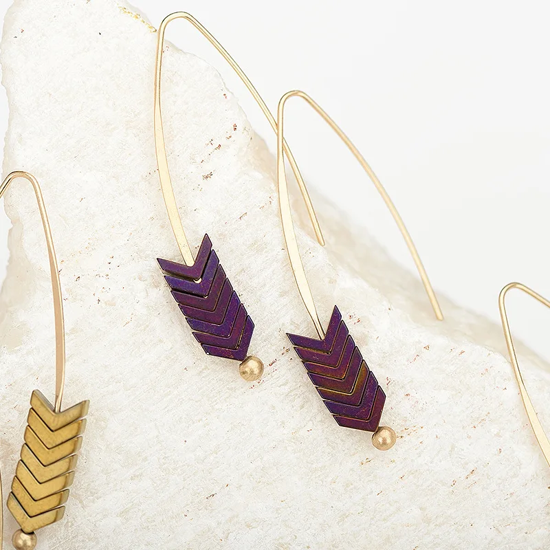 Women 8 Colors Arrow Natural Stone Drop Earrings Vintage Zinc Alloy Gold Hook Fashion Dangle Jewelry | Украшения и аксессуары