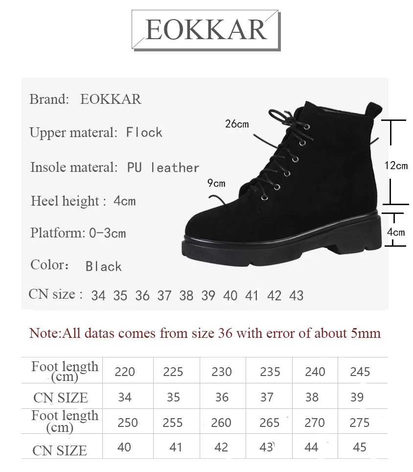 

Eokkar 2019 Lace Up Women Ankle Boots Flock Women Boots Winter Shoes Square High Heel Round Toe Black Winter Shoes Size 34-43