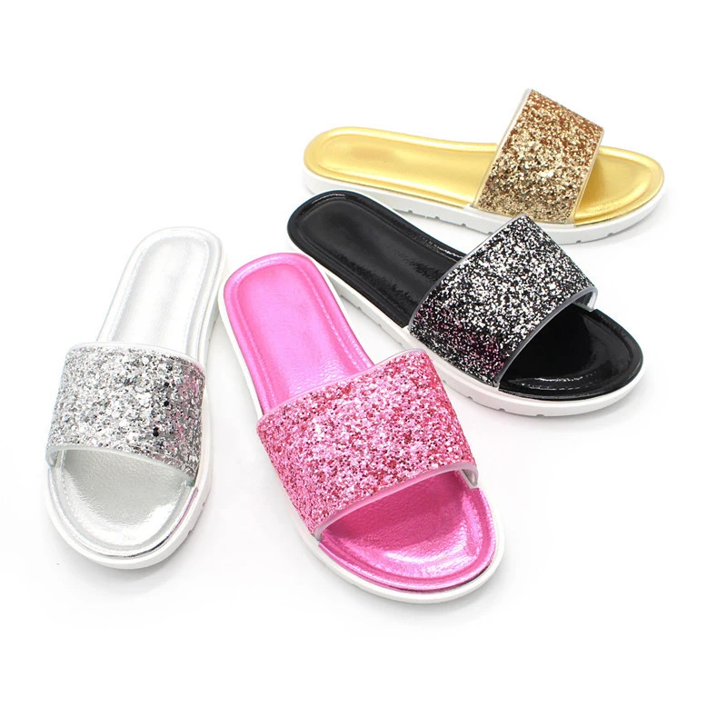 Fashion 2018 Summer Women Shoes Casual Crystal Slipper Sequins Beach Flat Slides Soft Comfortable Pu Leather size 36-41 | Обувь
