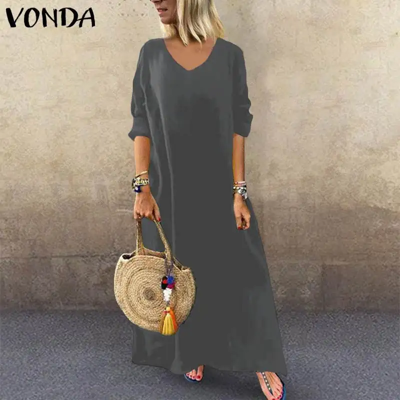 VONDA женское богемное длинное платье макси, повседневное свободное пляжное платье с длинным рукавом, Осенние вечерние платья, винтажное платье для женщин размера плюс