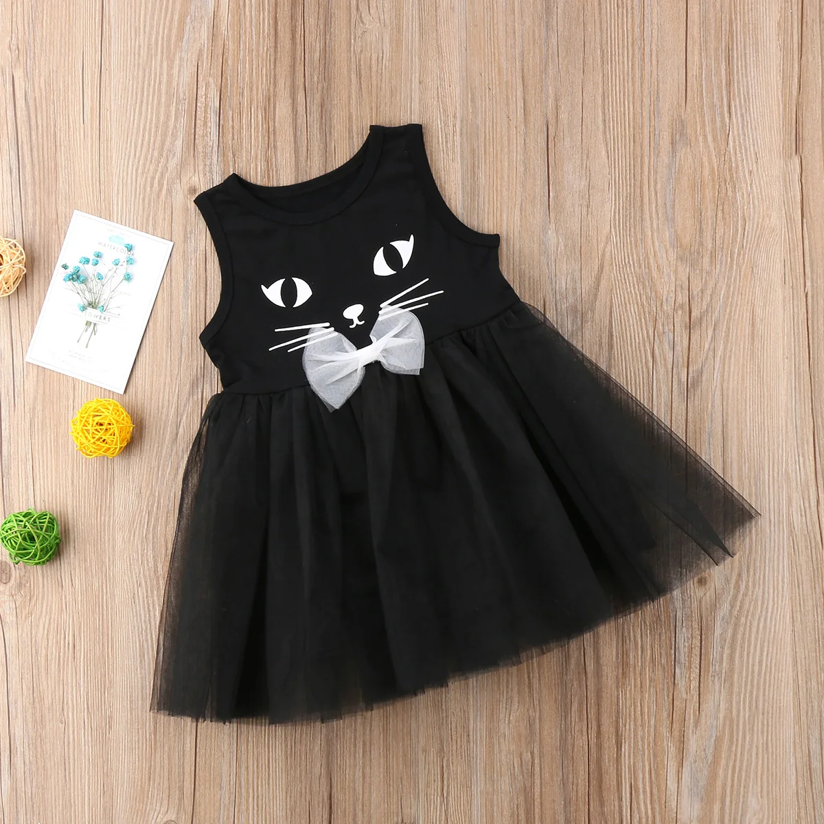 Summer Sleeveless Girl Princess Tutu Dress Kid Casual Party Dresses Cute Cat Pattern Bowknot Clothes | Детская одежда и обувь