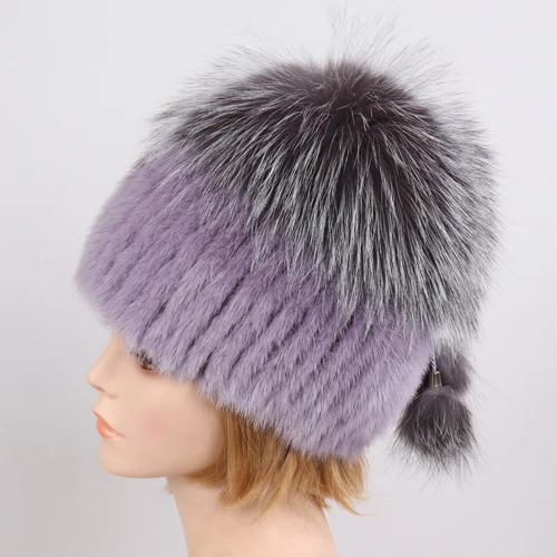 LIGHT PURPLE Новое поступление, роскошные женские импортные шапки из натурального меха норки, женские зимние теплые шапки из хорошего эластичного меха норки, Пушистая Шапка из меха серебристой лисы - Цвет: LIGHT PURPLE