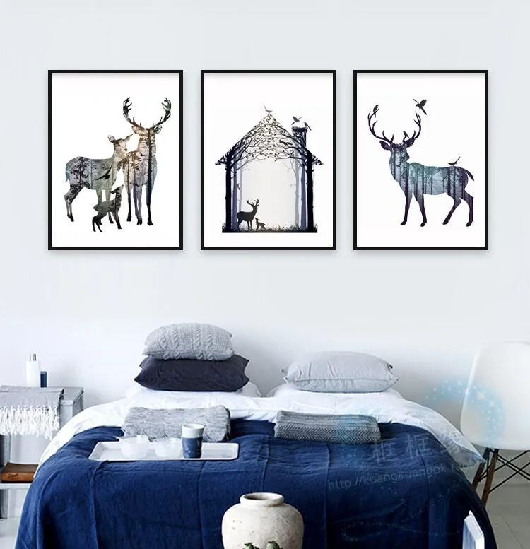 Триптих Скандинавская Картина на холсте силуэт семьи оленей с сосновой лесной