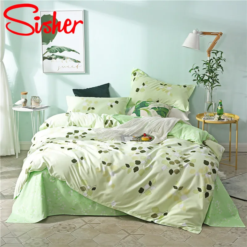 Green3 Sisher Pastoral Green Leaf Print Duvet Cover Set Cotton Polyester Adult Comforter Bedding Sets Size Single Double Queen King - Цвет: Green3