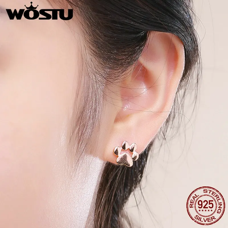 Женские серьги-гвоздики WOSTU из настоящего серебра 925 пробы с изображением милых собачьих следов, модное ювелирное изделие из стерлингового серебра CQE407