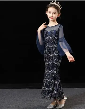 NavyBlue Детское платье для девочки Вечерние и Элегантное Длинное Вечернее платье тонкий свадебное платье с юбкой-годе подиумный показ костюм с цветочным узором для девочек; с блестками - Цвет: NavyBlue